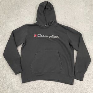 Champion Script Hoodie Men L Black Embroidered Pullover